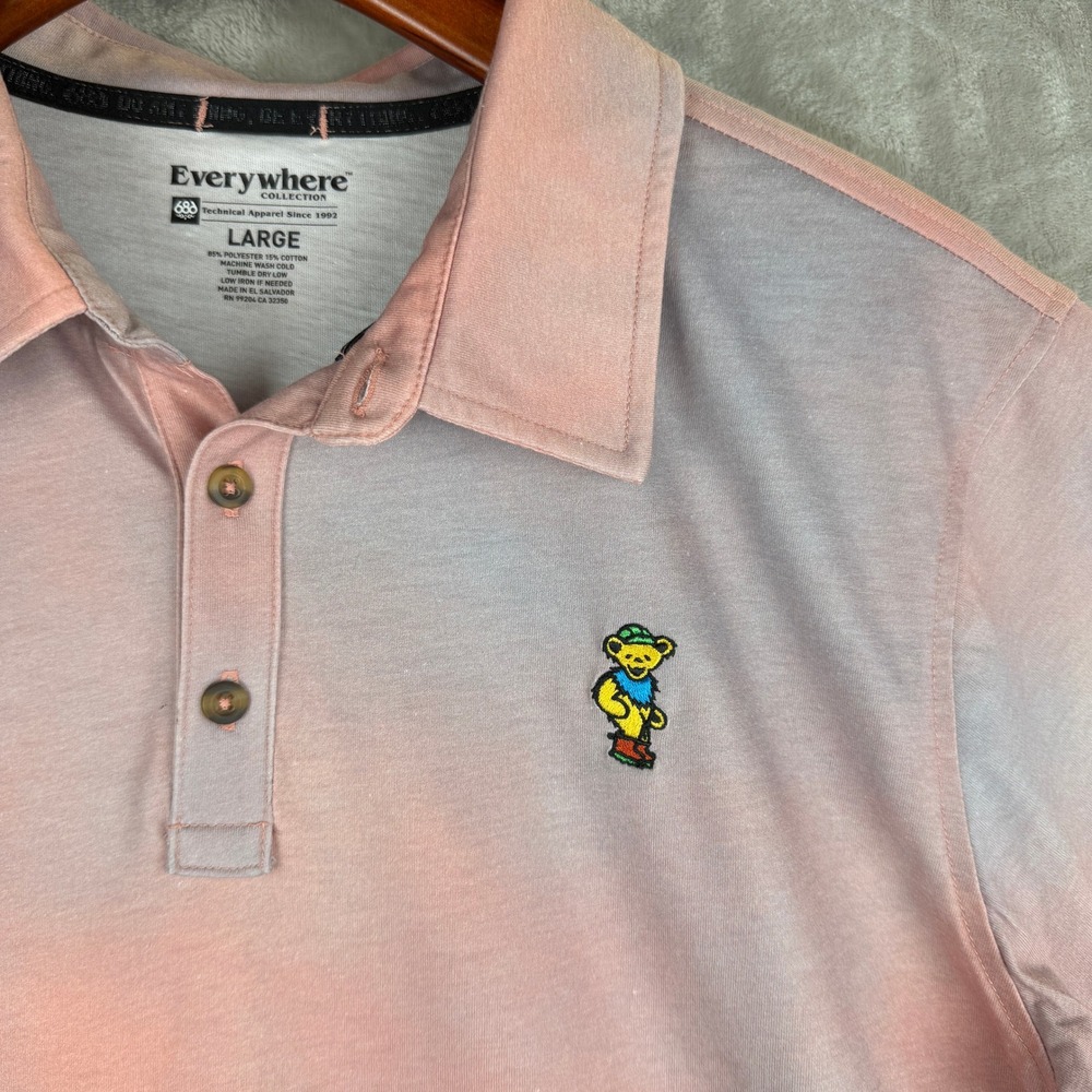 686 Everywhere Collection Mens Large Tie Dye Polo Shirt Dancing Bear Pink Grey